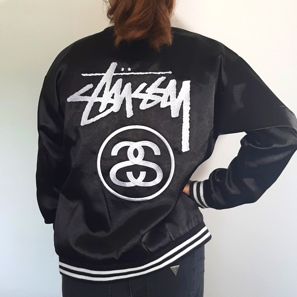 Stussy Black Satin Bomber Jacket with White Logo